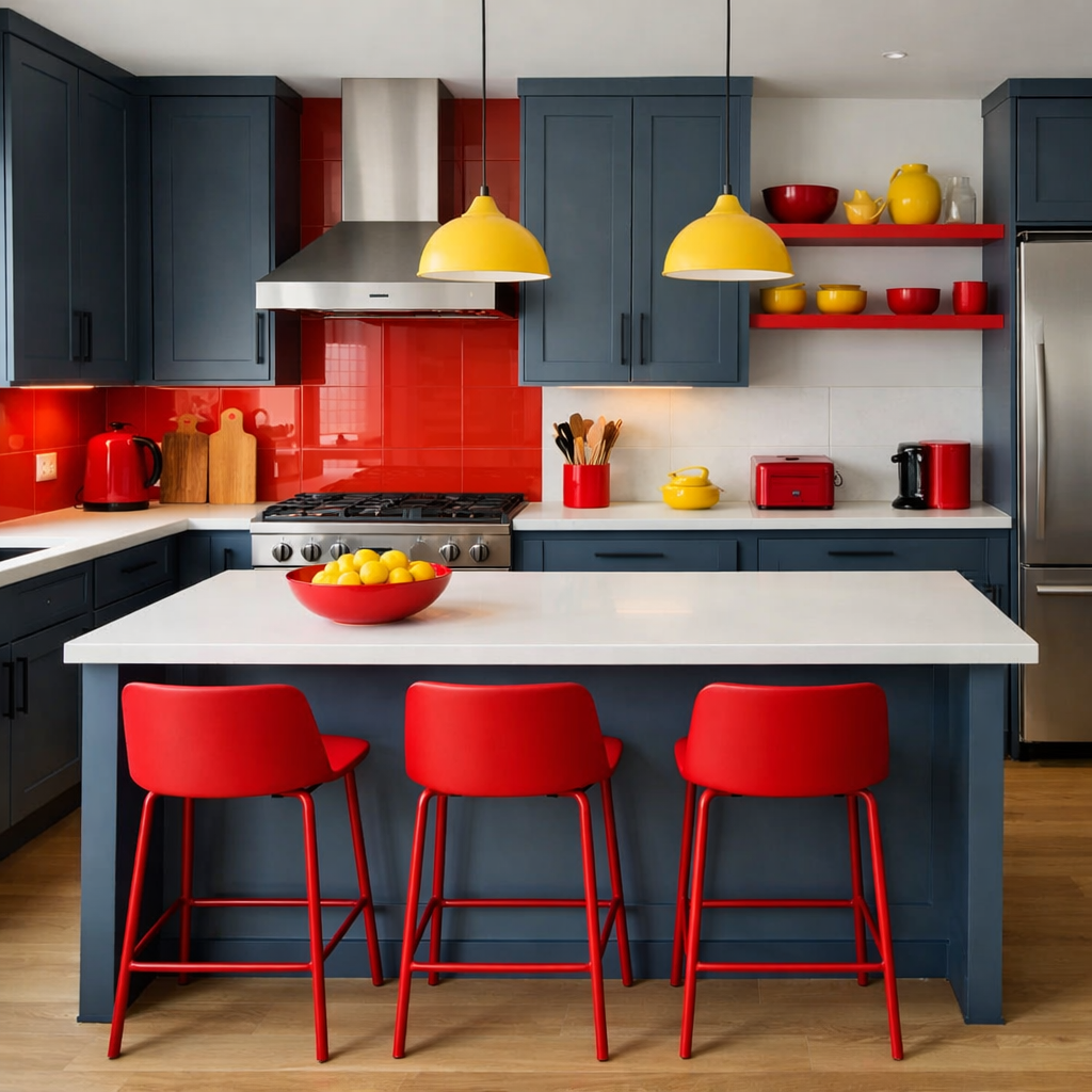 A modern kitchen featuring slate blue cabinets, bright red bar stools, and yellow pendant lights, creating a bold and dramatic look.