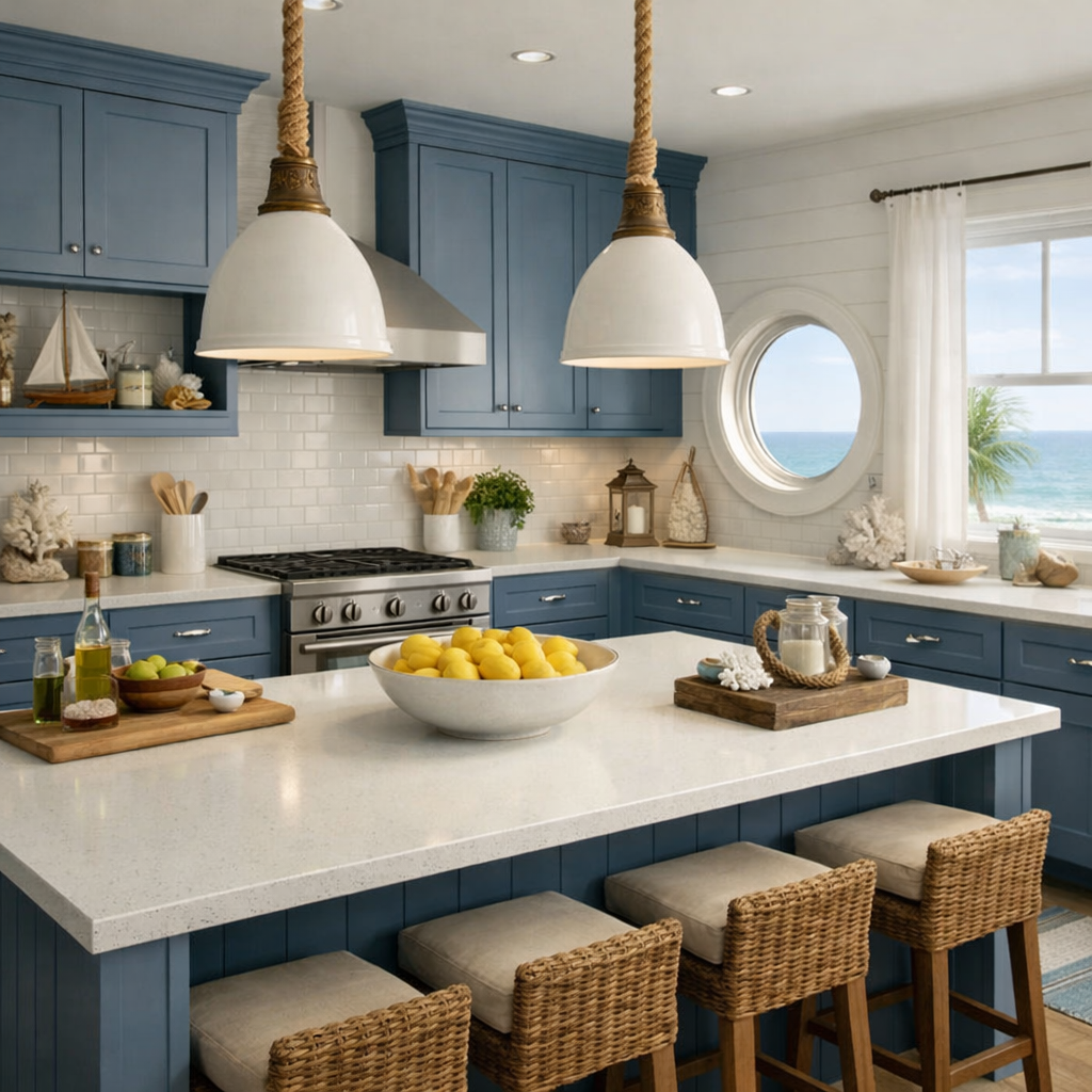 A beautiful coastal kitchen featuring slate blue cabinets, white countertops, and a scenic ocean view