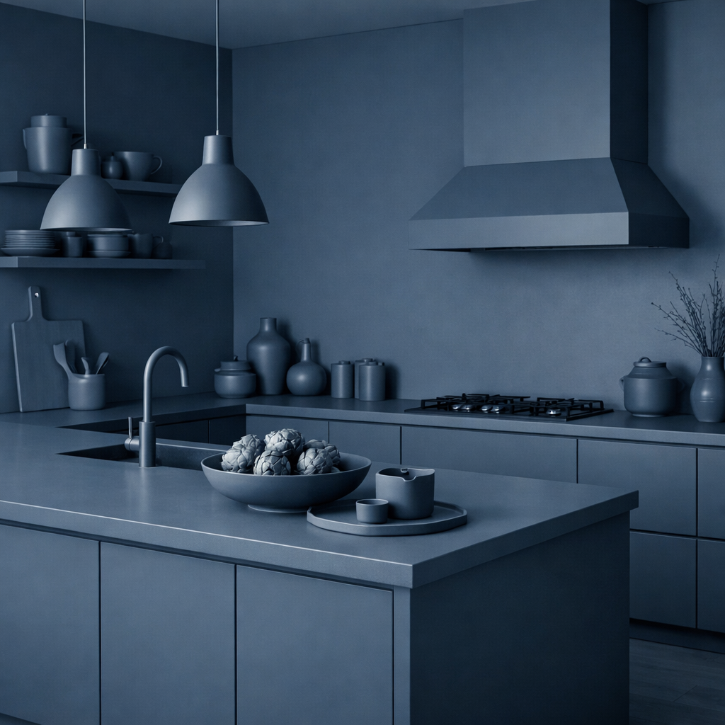 A stylish kitchen featuring slate blue cabinets and decor, creating a monochromatic look.