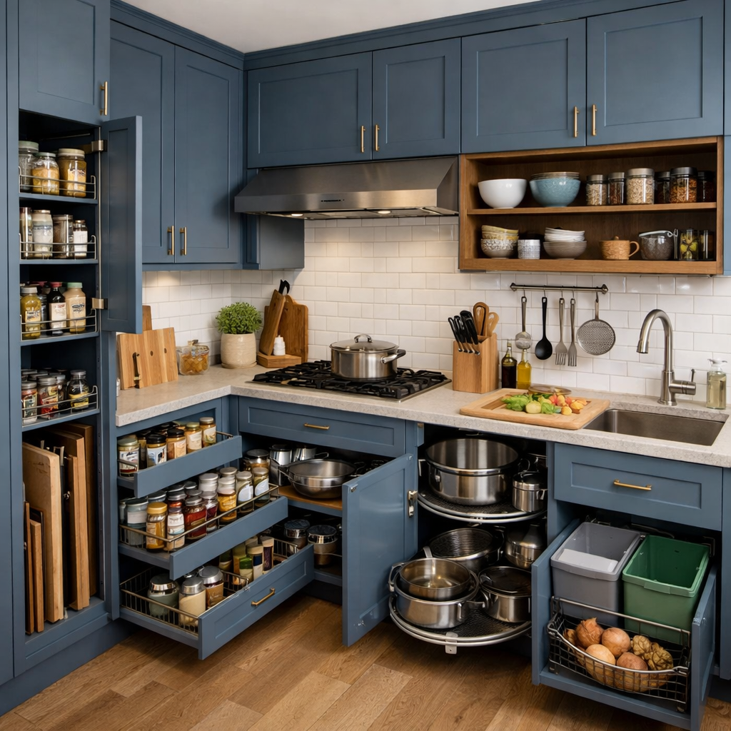 Slate blue kitchen cabinets with light countertops and organized storage