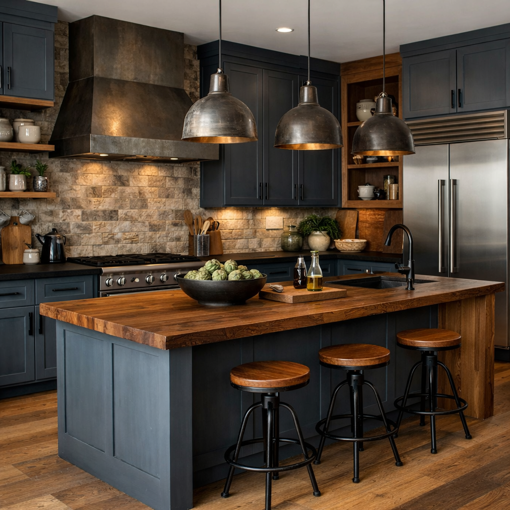 A modern kitchen featuring slate blue cabinets, wooden countertops, and metal accents.
