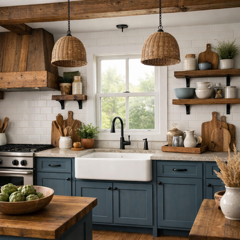 A cozy kitchen featuring slate blue cabinets with a farmhouse style, rustic wood accents, and open shelving.