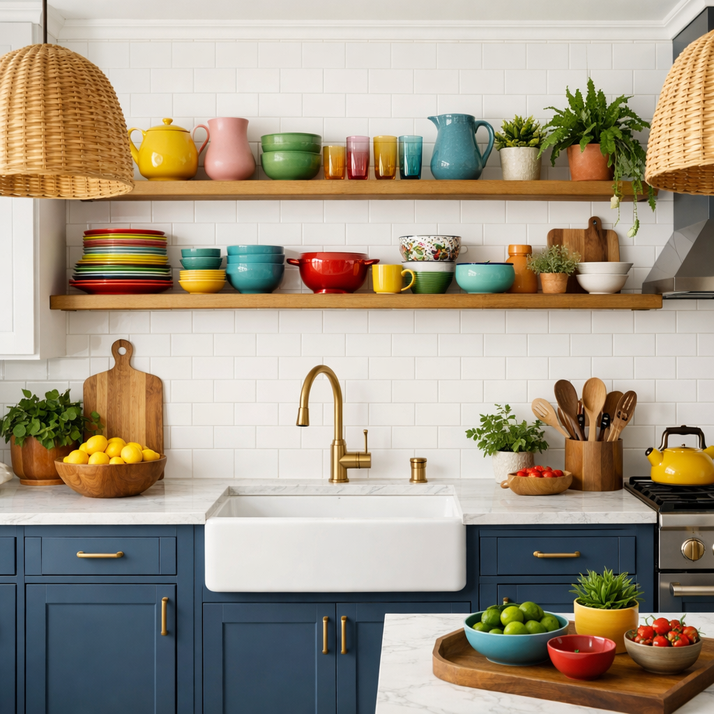 A kitchen featuring slate blue cabinets with open shelving displaying colorful dishware and decor.