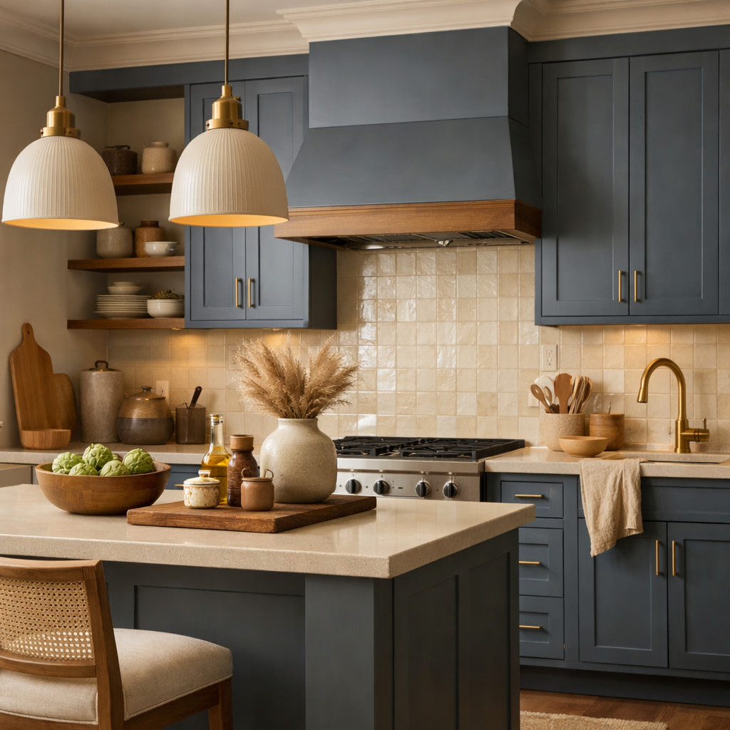Kitchen featuring slate blue cabinets paired with warm neutral decor