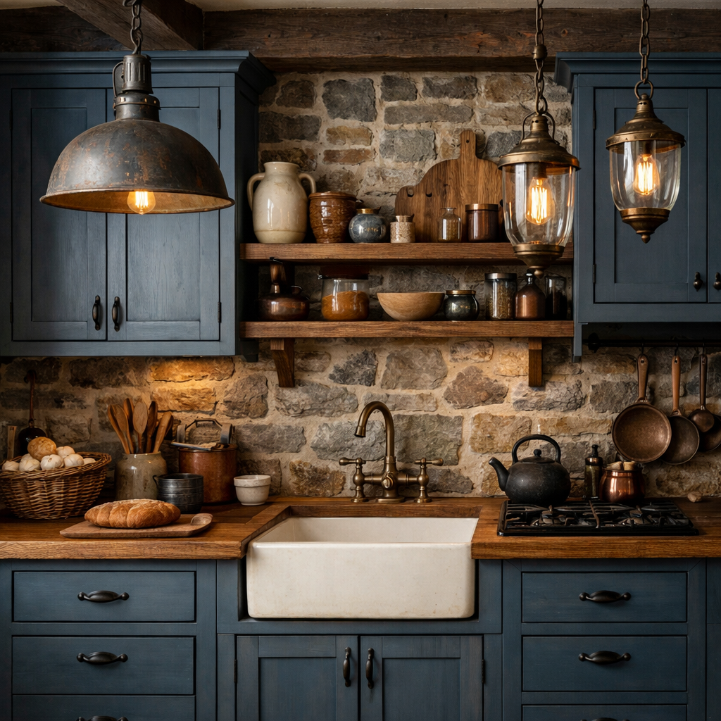 A rustic kitchen featuring slate blue cabinets, wooden countertops, and stone walls.