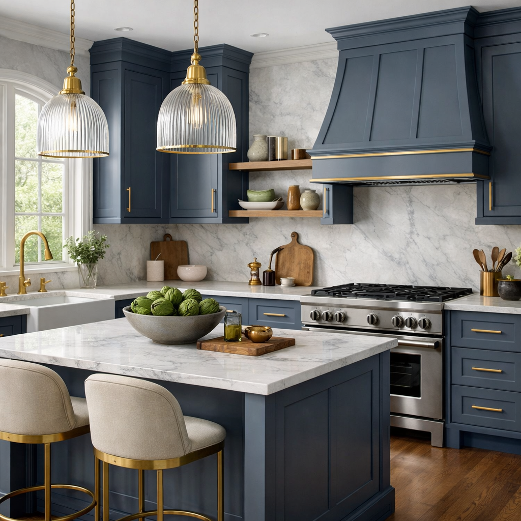 Elegant kitchen with slate blue cabinets and gold hardware, featuring marble countertops and warm wooden elements