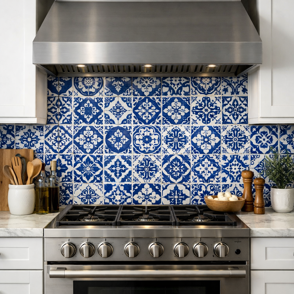 A blue and white tile backsplash with intricate patterns in a modern kitchen.