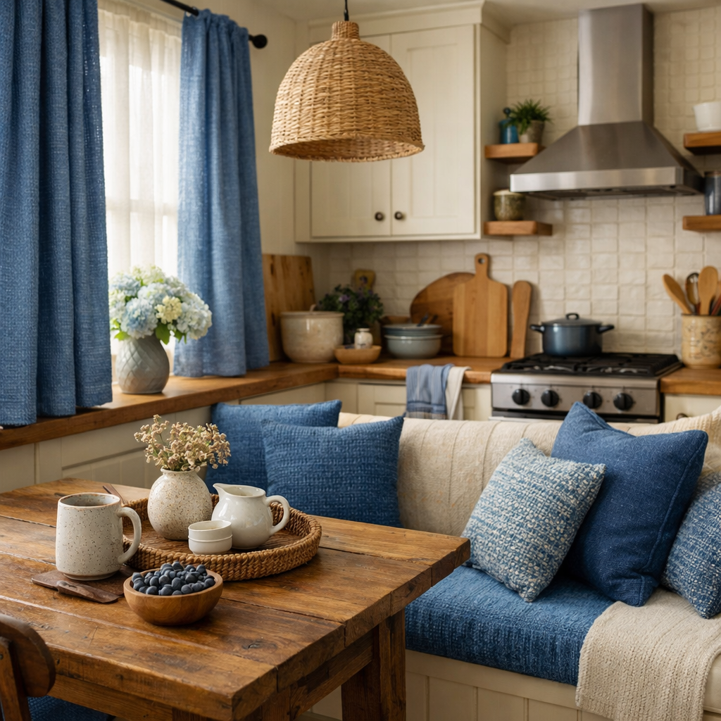 A cozy kitchen featuring blue textured fabrics on curtains and cushions, with a rustic wooden table.