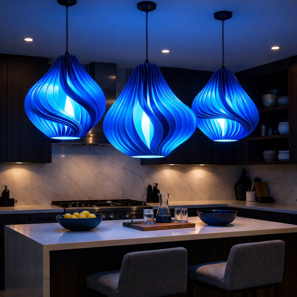 Three bold blue pendant light fixtures hanging in a modern kitchen.