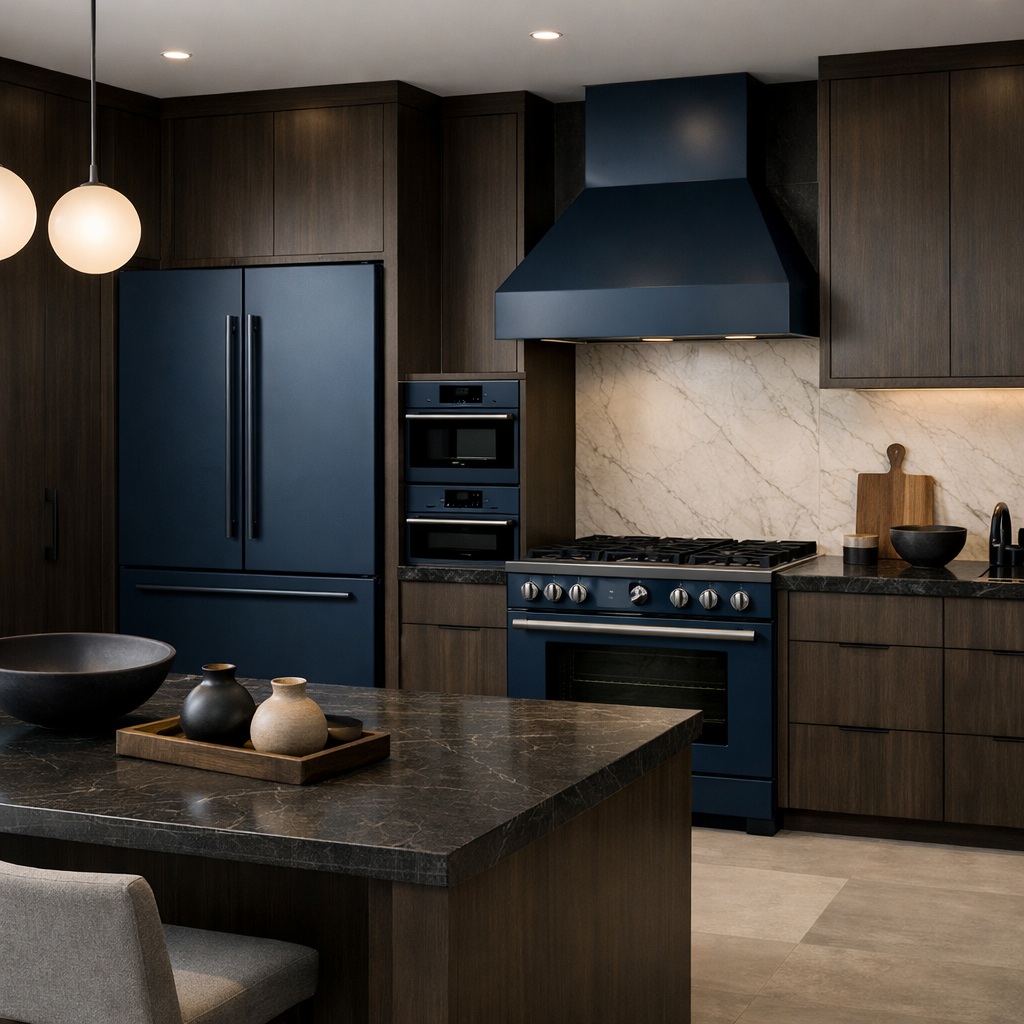 Modern kitchen featuring dark blue appliances and wooden cabinetry