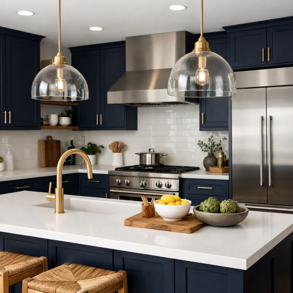 A modern kitchen with deep navy cabinets, white countertops, and brass accents.