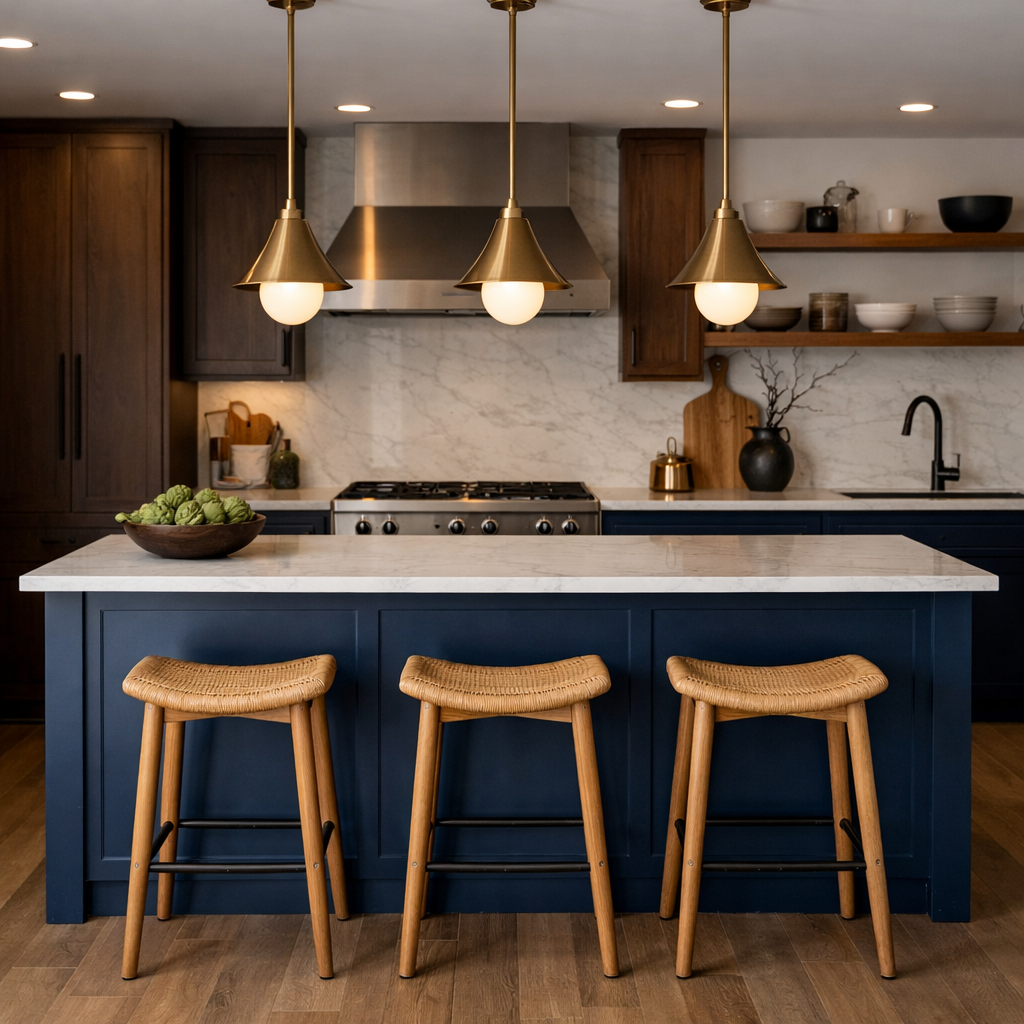 A moody blue kitchen island with marble countertop, stylish stools, and pendant lighting in a modern kitchen