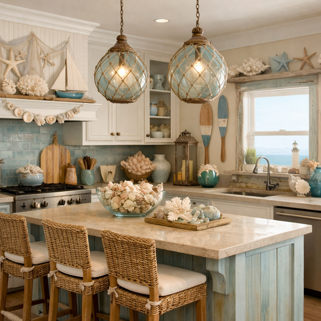 A moody blue kitchen with ocean-inspired decor featuring blue backsplash tiles, glass pendant lights, and beach-themed decorations.
