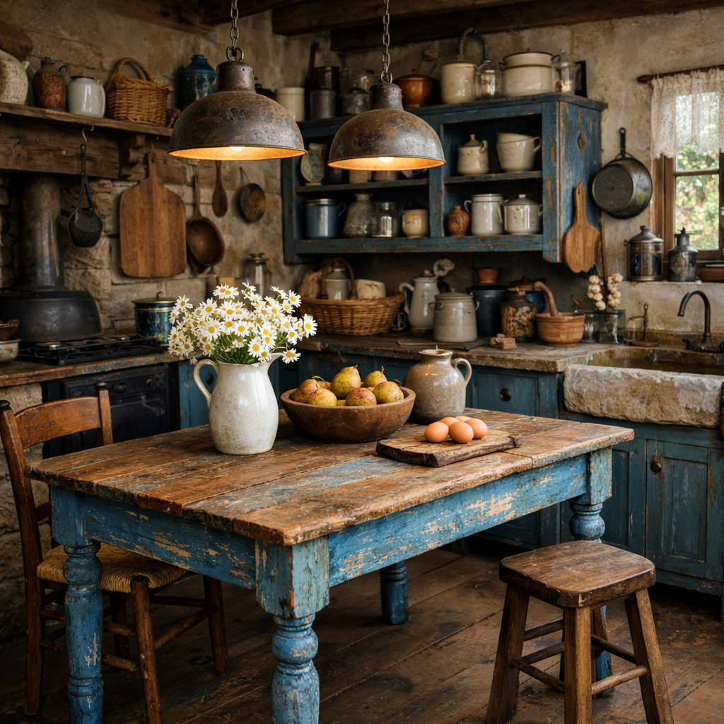 A rustic kitchen featuring blue cabinets, a wooden table, and vintage decor elements.