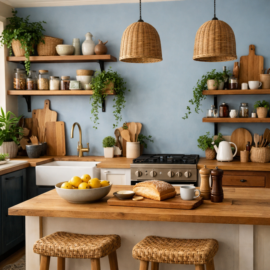 A kitchen with soft blue accent walls, wooden shelves, and a cozy dining area featuring woven stools.