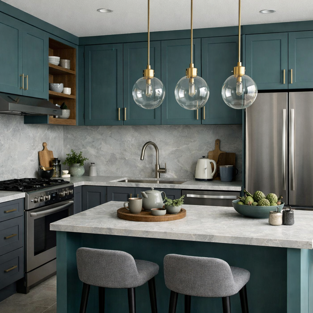 A stylish kitchen with teal cabinets and gray countertops, featuring elegant lighting and a cozy decor.
