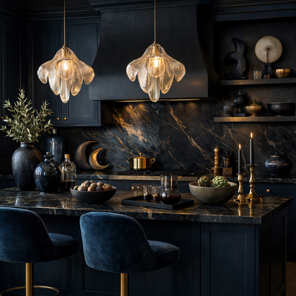 A stylish midnight blue kitchen featuring unique light fixtures, decorative vases, and artistic elements on the counter.