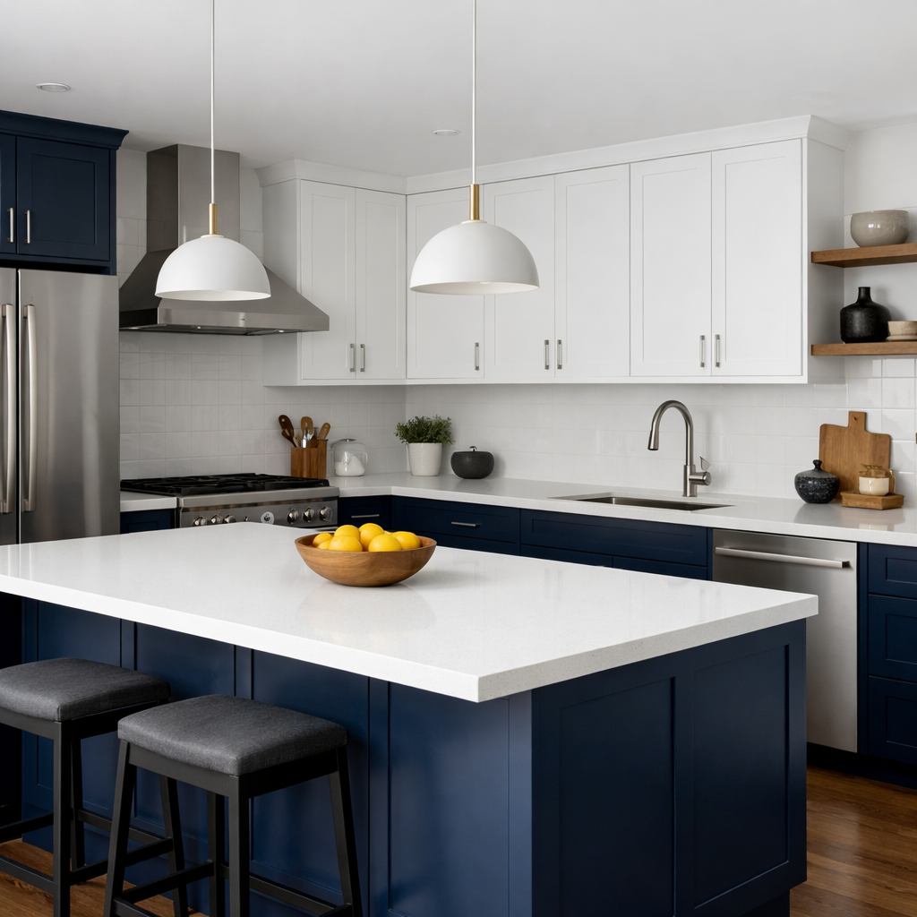 A stylish kitchen with midnight blue cabinetry and white countertops, featuring a fruit bowl on the island.