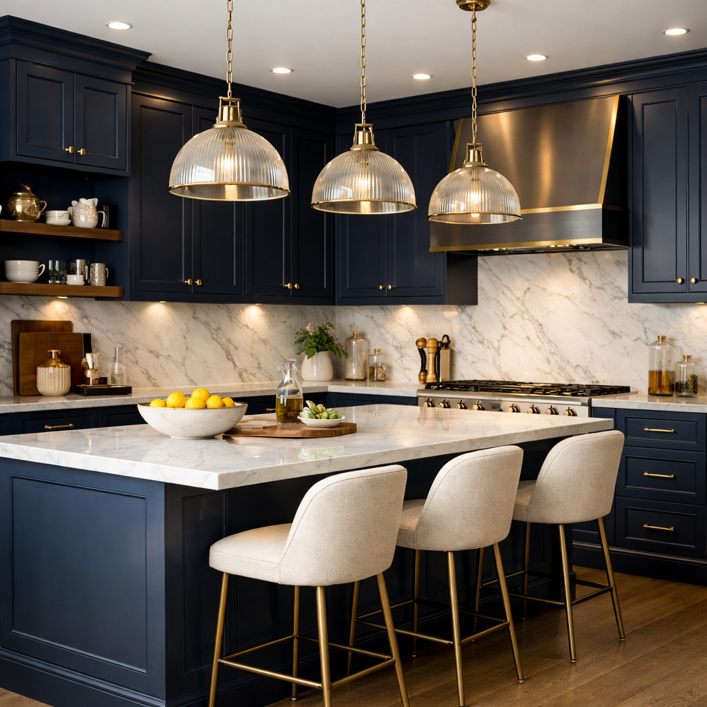 A sophisticated kitchen showcasing elegant midnight blue cabinets with gold hardware and a marble countertop.