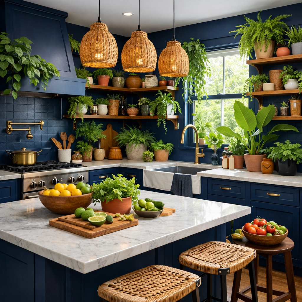 A midnight blue kitchen filled with vibrant greenery, featuring potted plants on shelves and a countertop adorned with fruits and herbs.