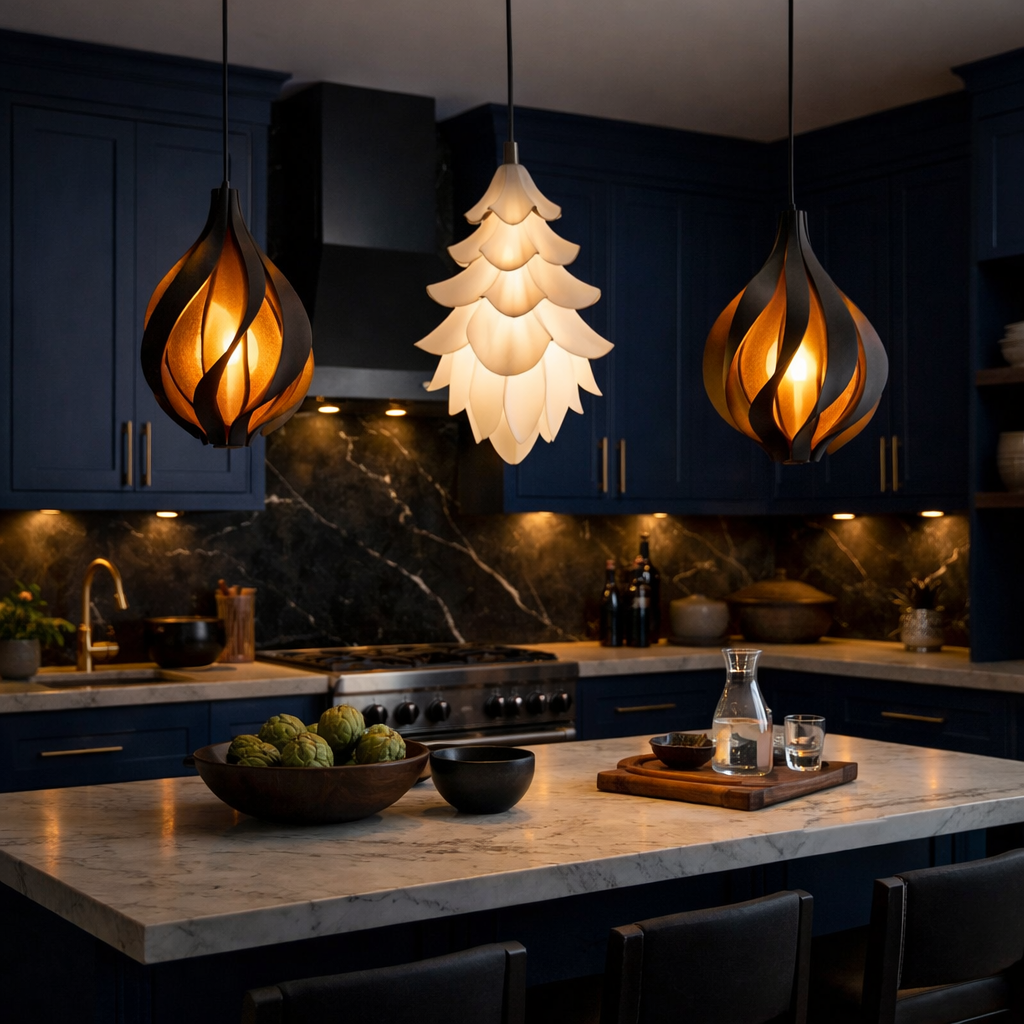 Stylish lighting fixtures in a midnight blue kitchen