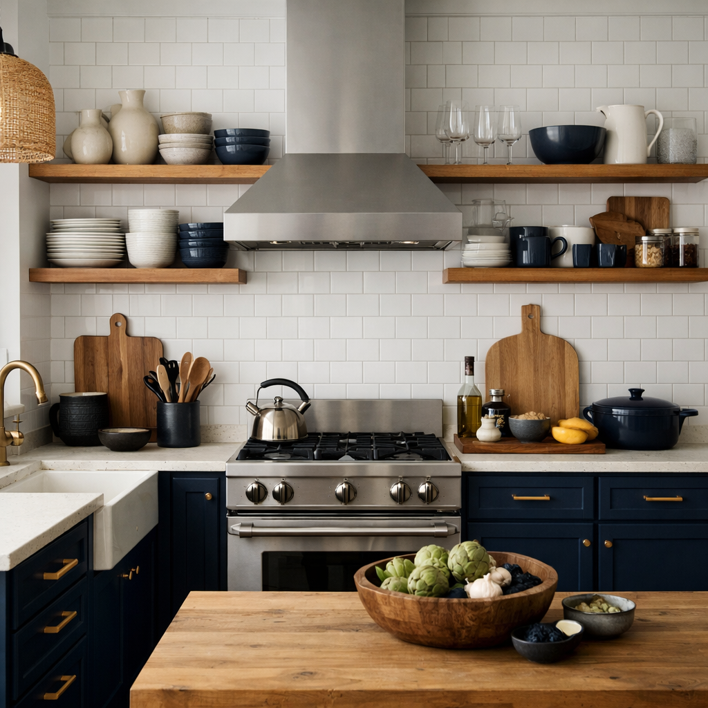 A stylish midnight blue kitchen featuring open shelving with dishes and decorative items.
