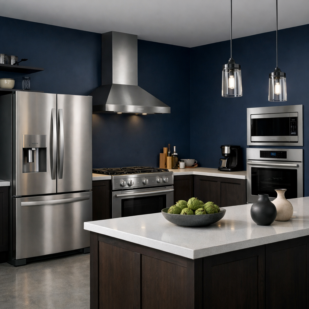 A modern midnight blue kitchen featuring stainless steel appliances and elegant decor.