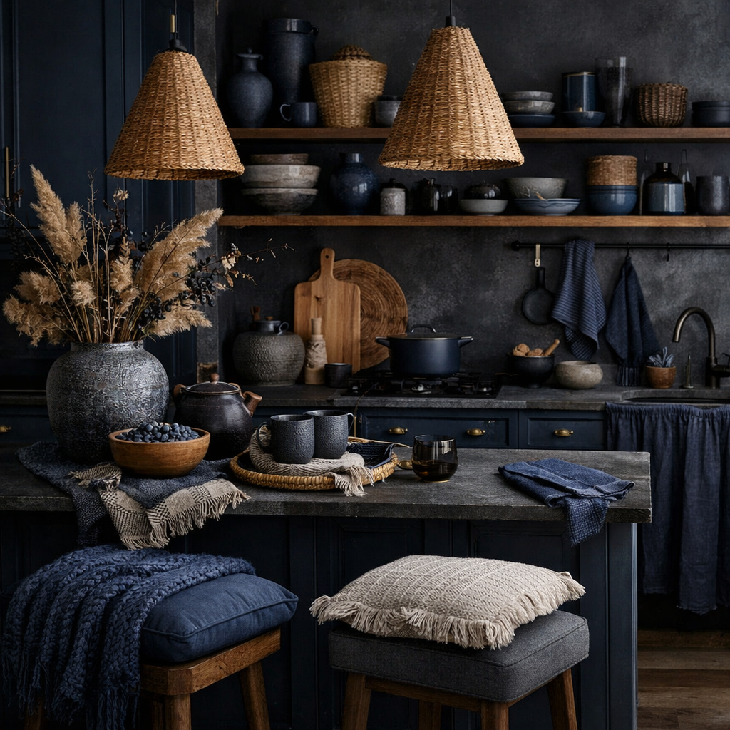 A midnight blue kitchen featuring textured fabrics and accessories, including woven pendant lights, dark cushions, and rustic decorative elements.
