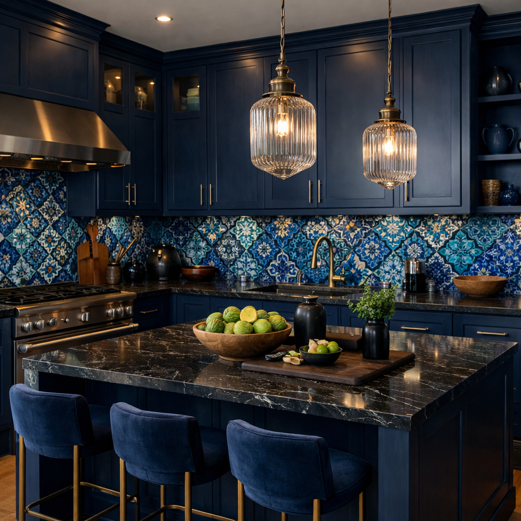 A stylish midnight blue kitchen featuring an intricate vibrant backsplash.