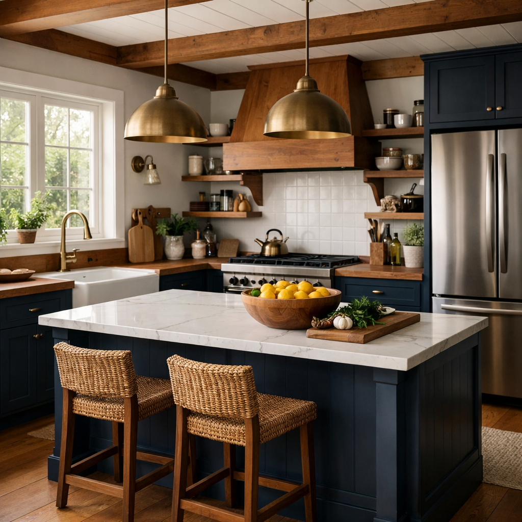 Midnight blue kitchen with warm wood accents and a stylish island.