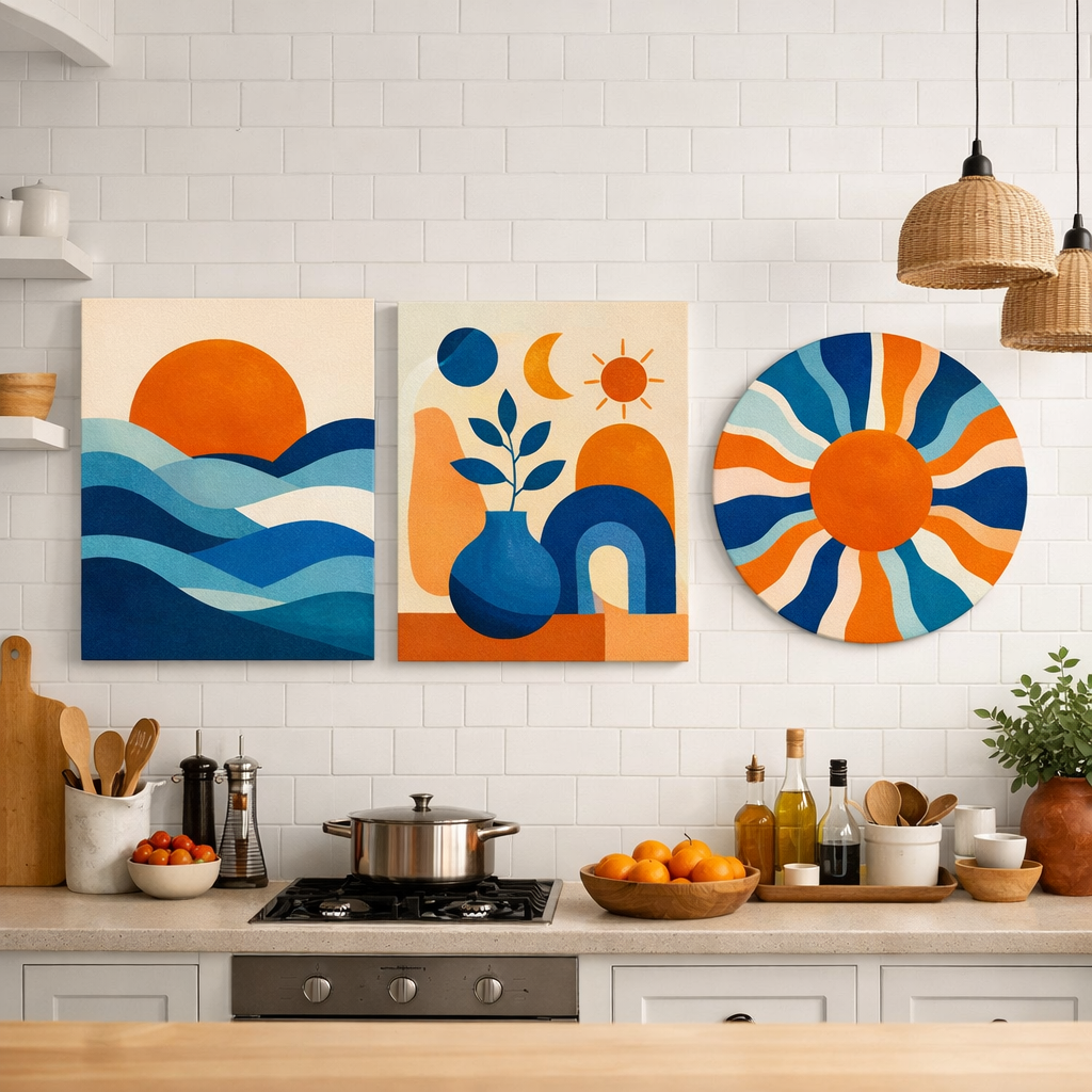 A modern kitchen with blue and orange wall art featuring abstract designs, showcasing a vibrant and cheerful atmosphere.