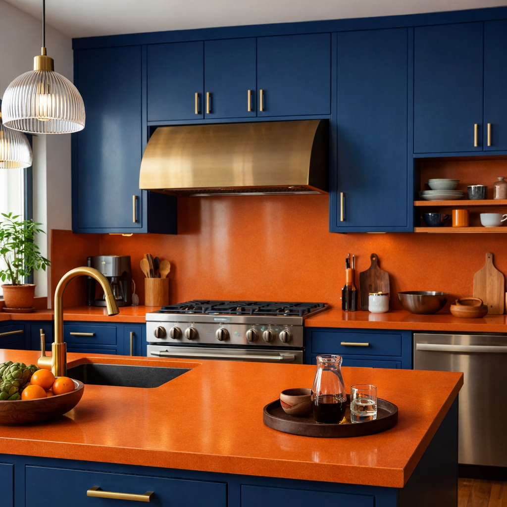 A kitchen featuring bold blue cabinets and warm orange countertops, with gold accents and natural light.