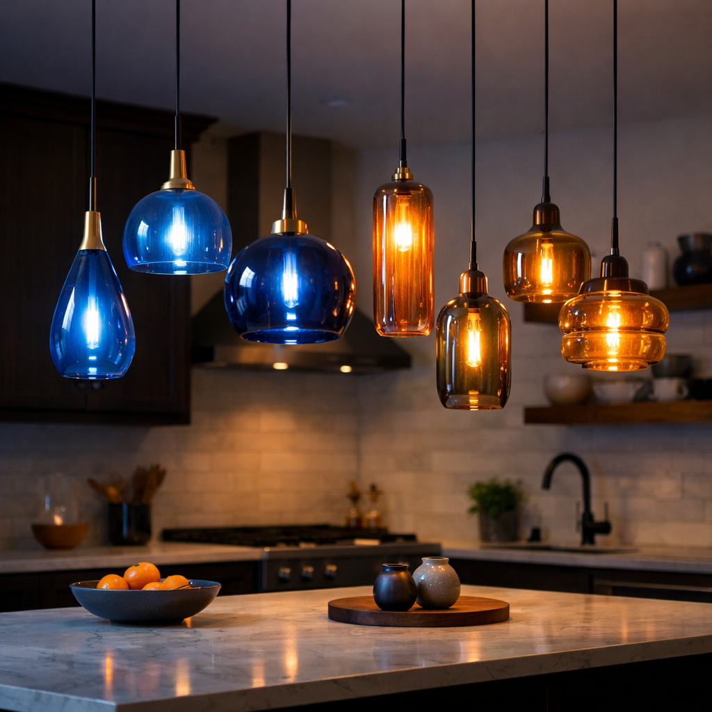 A collection of blue and orange pendant lights hanging from a kitchen ceiling, showcasing various shapes and styles.