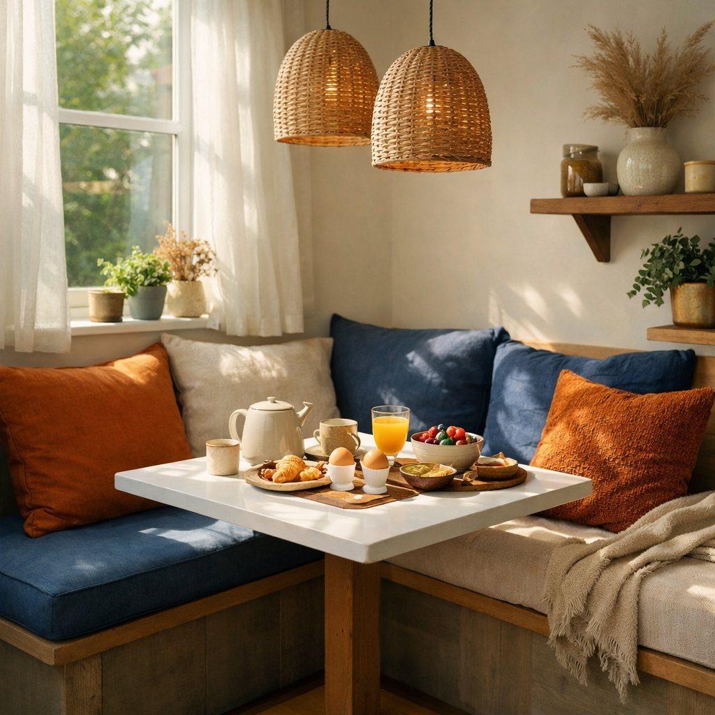 A cozy breakfast nook with blue and orange cushions, a white table, and a breakfast spread.