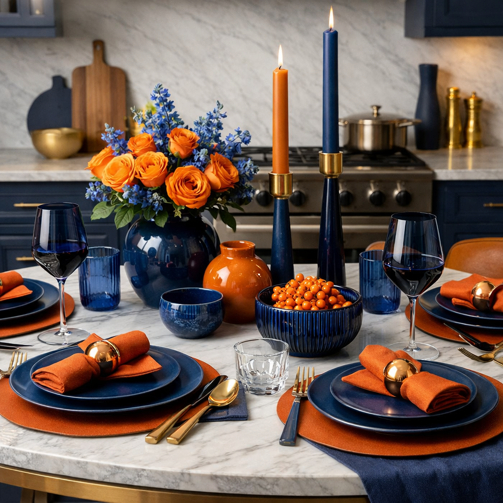 Elegant dining table set with blue and orange decor items, featuring flowers, candles, and stylish dinnerware.