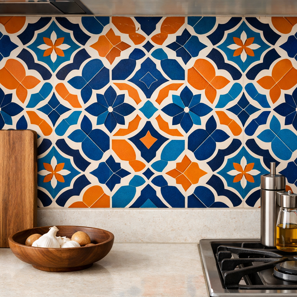 A modern kitchen with a blue and orange tile backsplash, featuring vibrant geometric patterns.