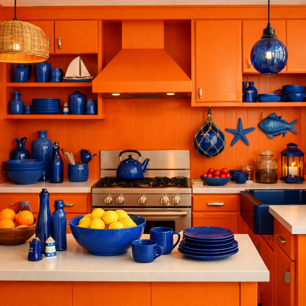 A bright orange kitchen featuring blue nautical accents, including bowls and decor items.