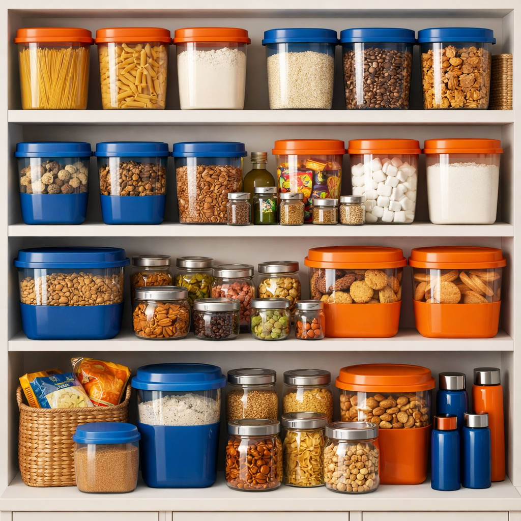A colorful pantry organization with blue and orange containers for storage.
