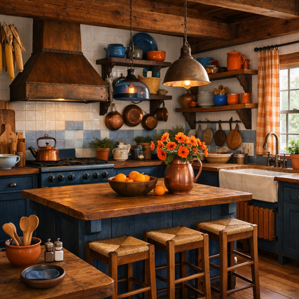 A rustic farmhouse kitchen featuring blue cabinets, orange accents, wooden furniture, and decorative shelves.