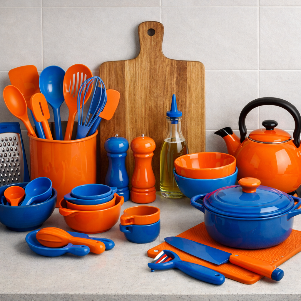 A collection of bright blue and orange kitchen utensils and cookware on a countertop