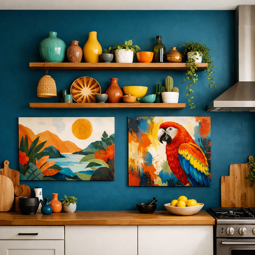 A kitchen with a teal blue accent wall, wooden shelves, colorful pots, and vibrant artwork.