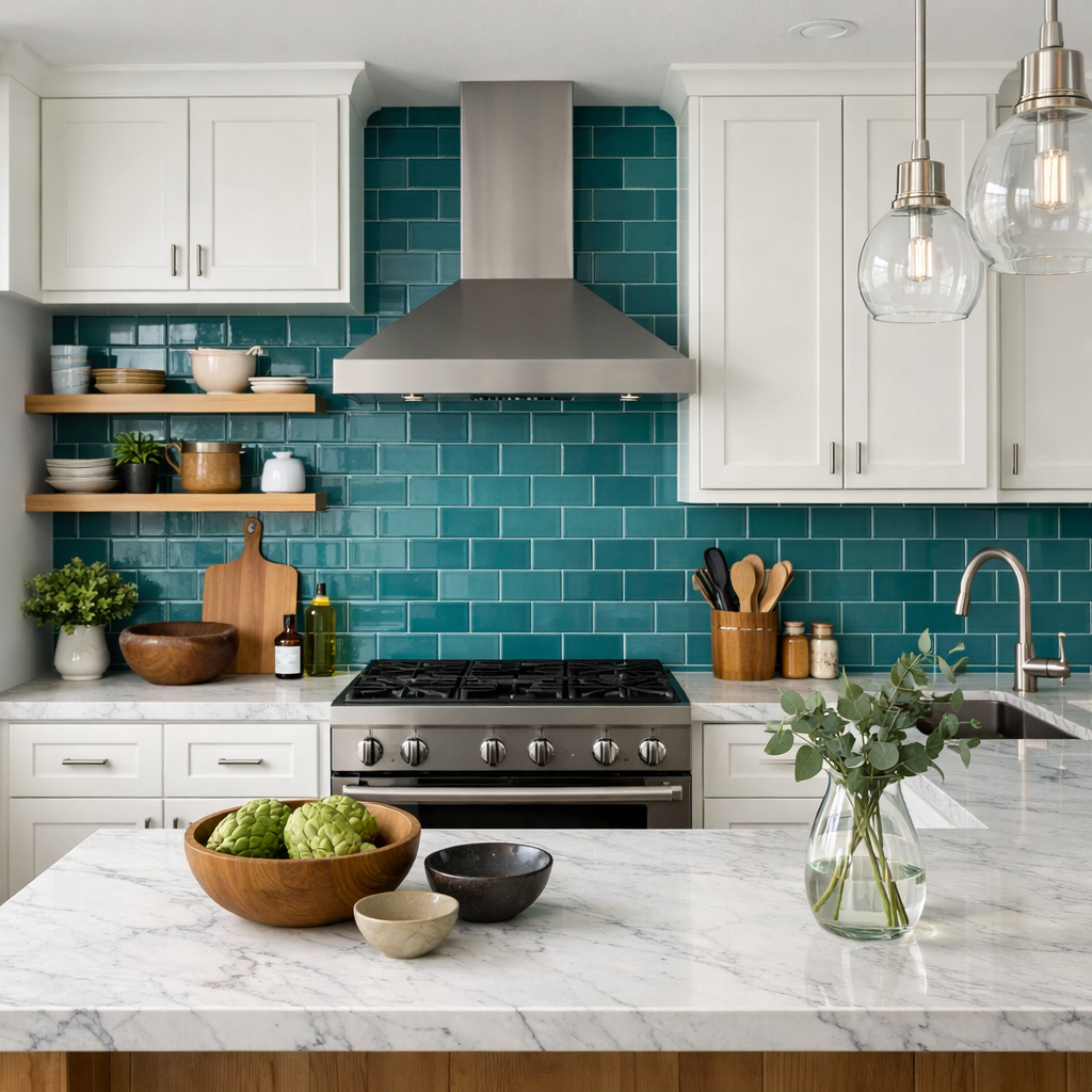 A modern kitchen featuring teal blue tile backsplash, white cabinets, and marble countertops.