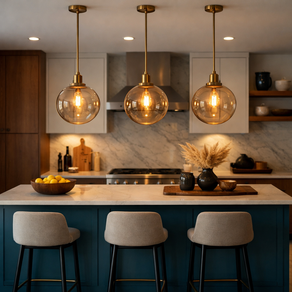 A modern teal blue kitchen featuring warm golden pendant lights above a central island, with a cozy atmosphere created by glass globes.