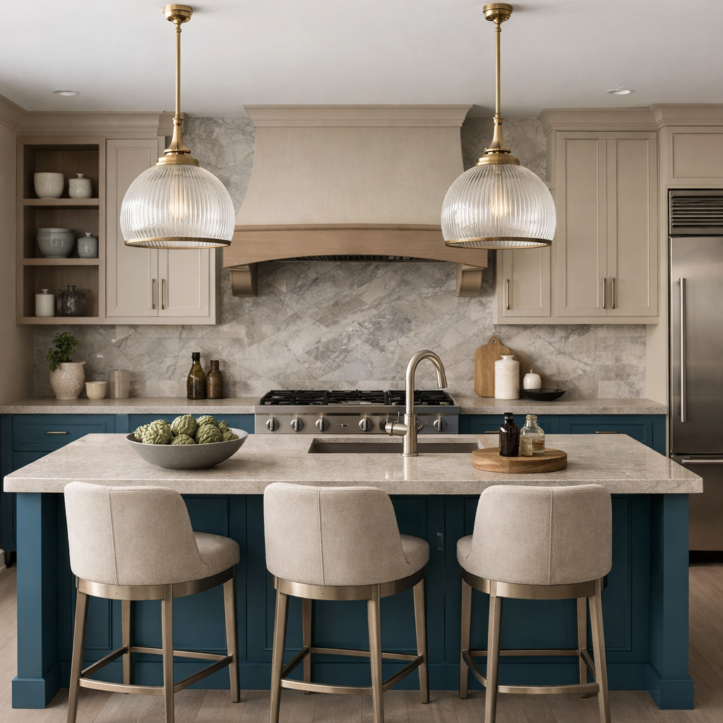 A kitchen featuring teal blue cabinets paired with neutral tones and warm wooden accents.