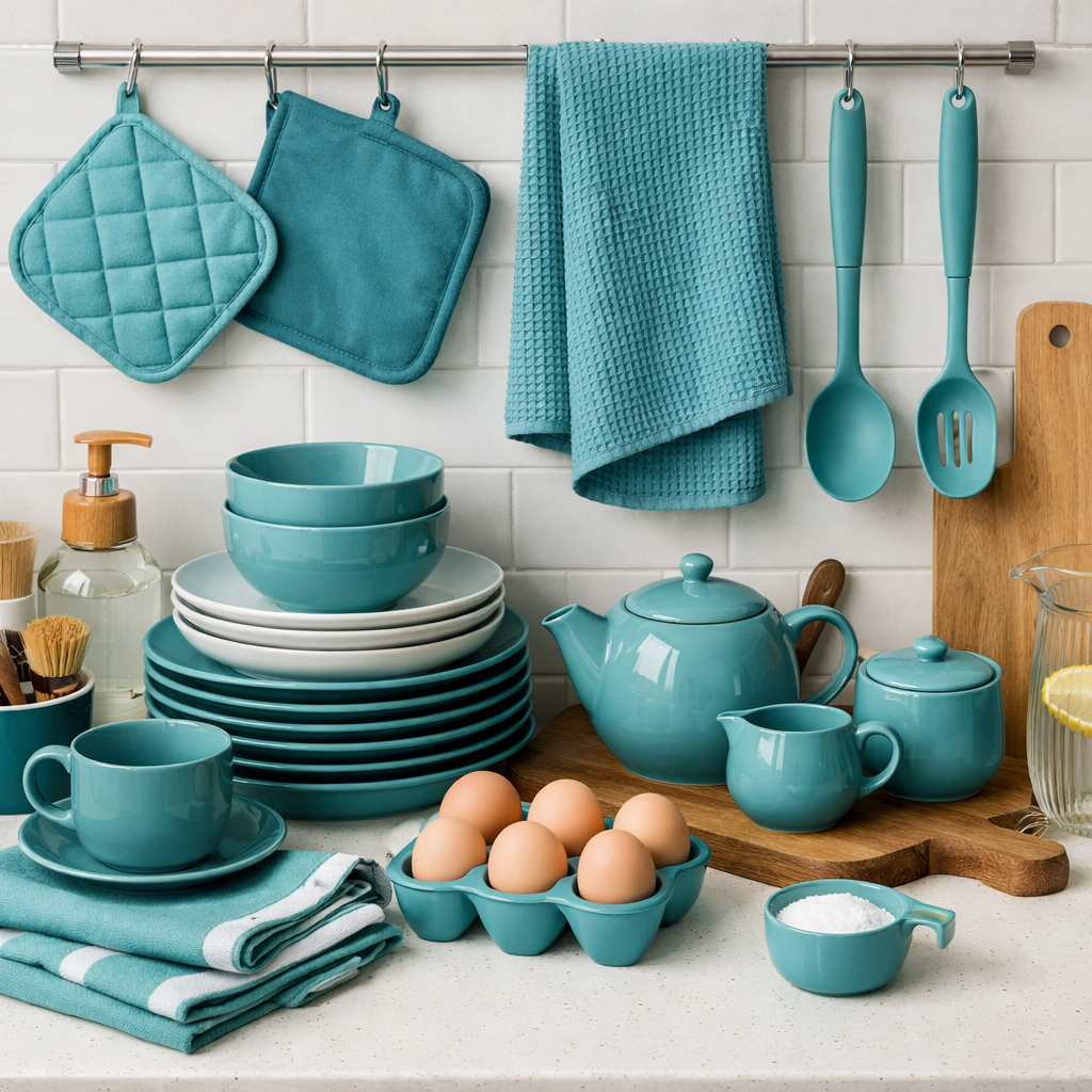 A collection of teal blue kitchenware including plates, bowls, a teapot, and textiles.