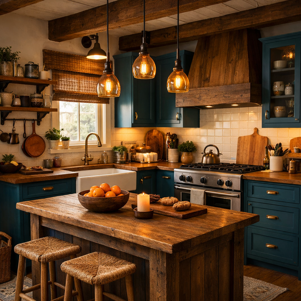 A beautifully designed kitchen featuring teal blue cabinets, wooden countertops, and warm lighting.