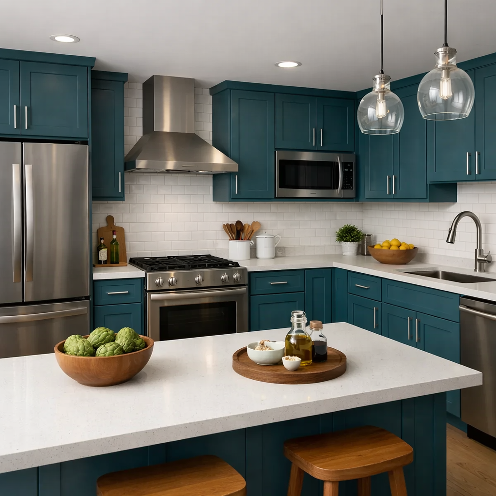 A modern kitchen with teal blue cabinets and stainless steel appliances, featuring a large island with a bowl of artichokes.