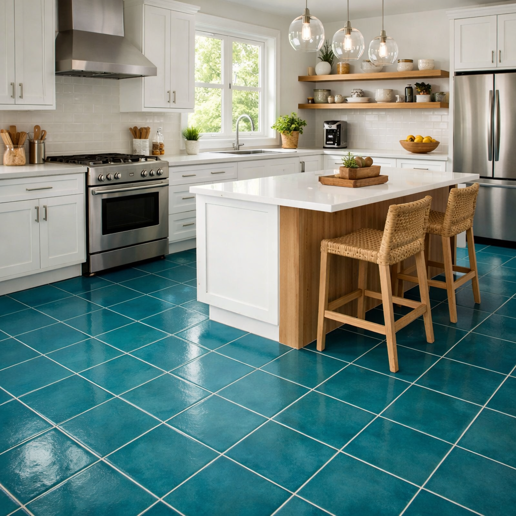 A modern kitchen with teal blue tile flooring, white cabinets, and wooden accents.