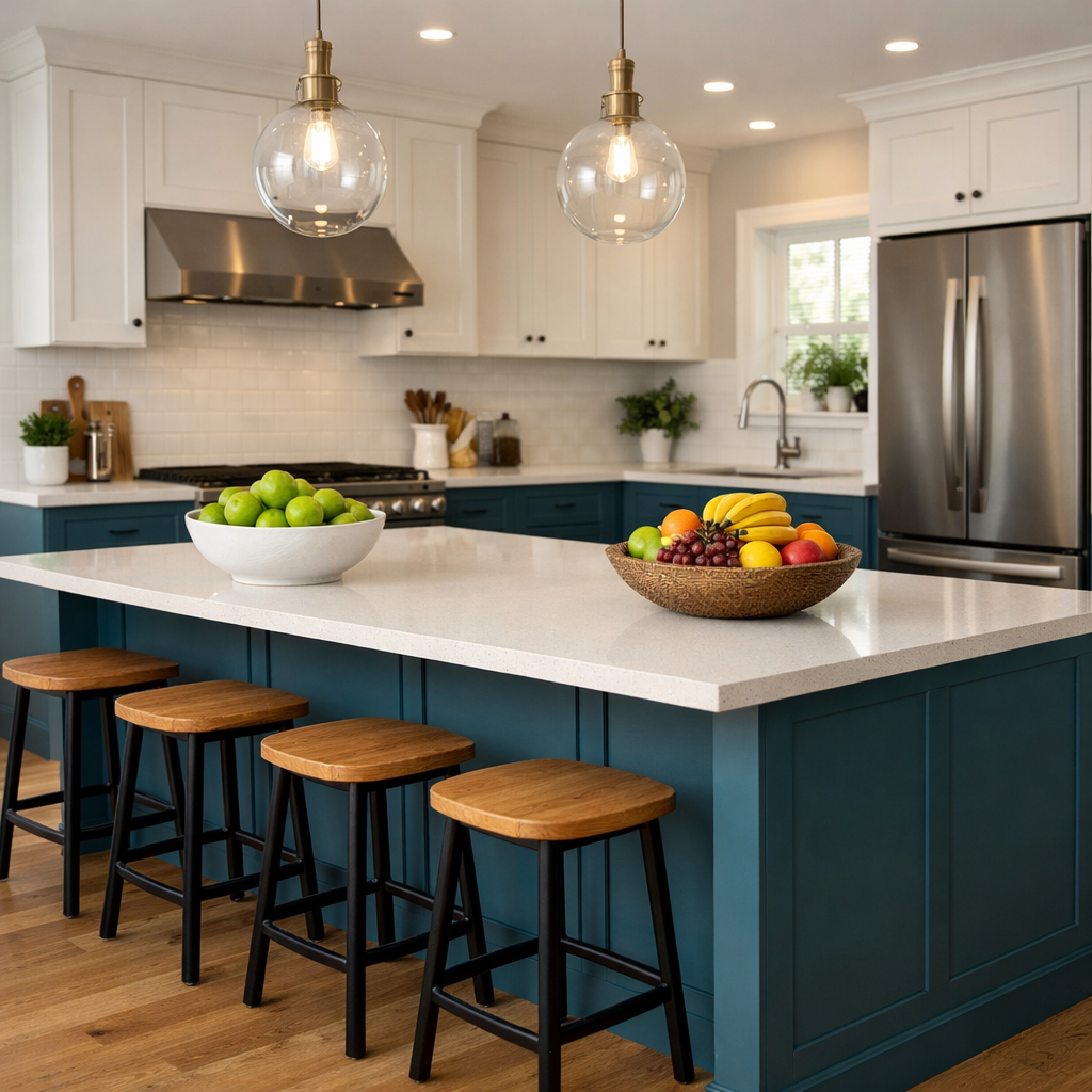 A modern kitchen featuring a teal blue island with a white countertop, surrounded by wooden stools and decorative fruit bowls.
