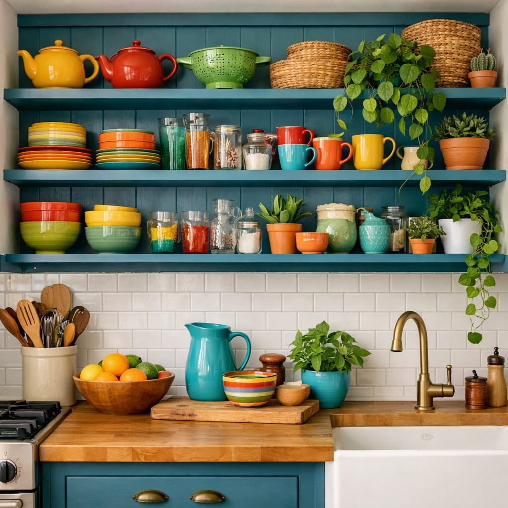 Open shelving in a teal blue kitchen with colorful dishes, plants, and kitchen utensils.